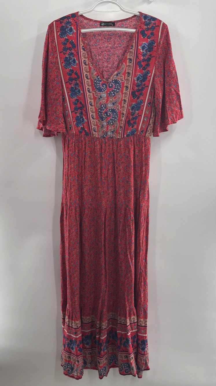 Prettygarden Maxi Dress Women Medium Red Floral Stretch Boho High Waist V-Neck